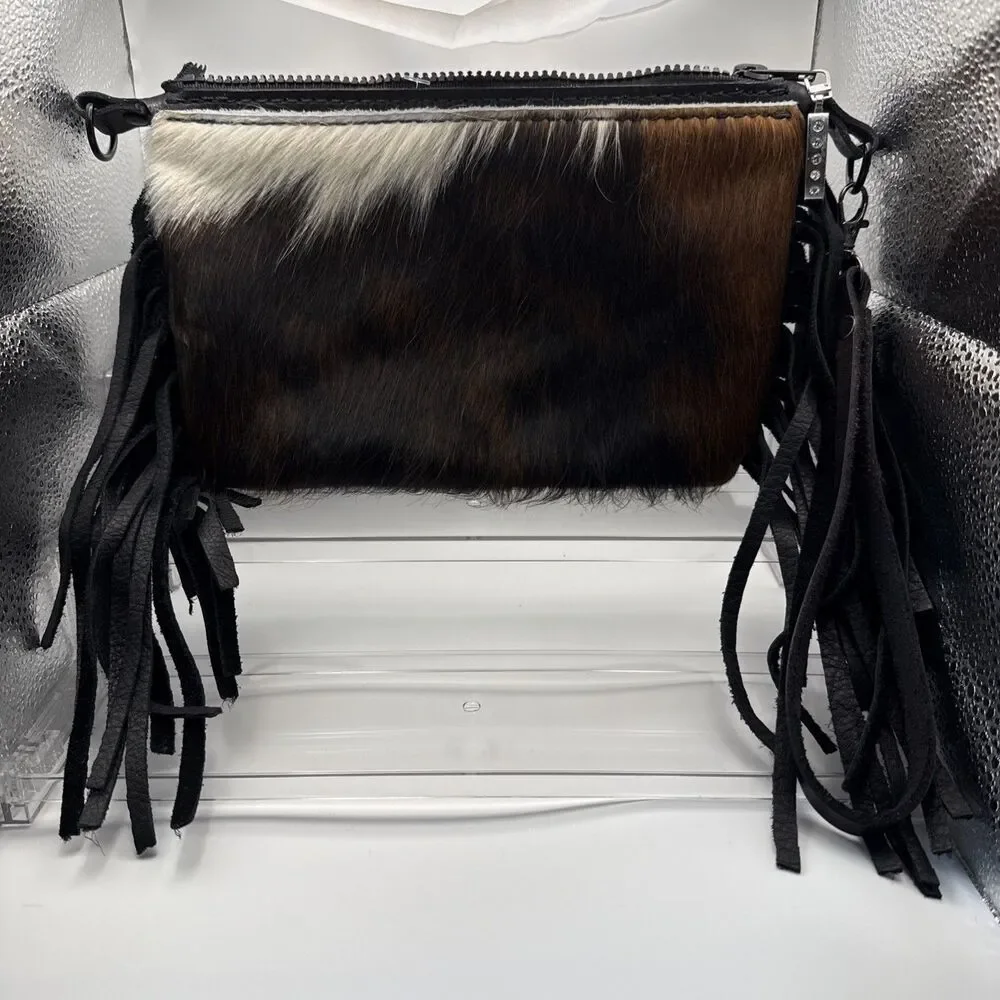 Flying Z Leather Cowhide Handbag Wristlet With Fringe Zip Closure Festival Exc C
